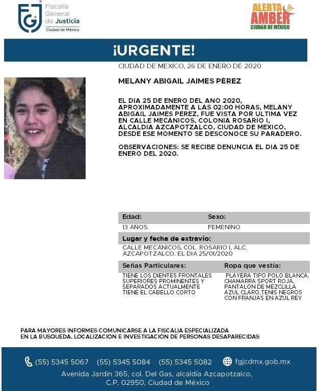 Melany Abigail Jaimes Pérez. Alerta AMBER