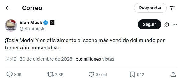 Elon Musk vuelve a presumir a Tesla como el auto más vendido del mundo