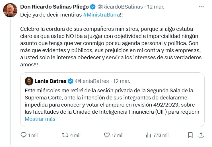 Ricardo Salinas Pliego explotó contra Lenia Batres y la insultó en X