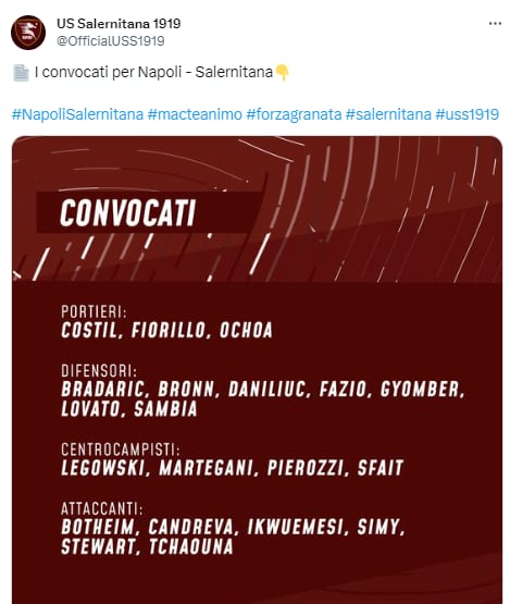 Salernitana Convocatoria