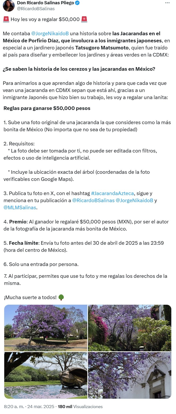 Ricardo Salinas Pliego resalta la historia de inmigración detrás de la Jacaranda