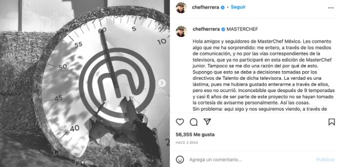 Chef Herrera sale de MasterChef México