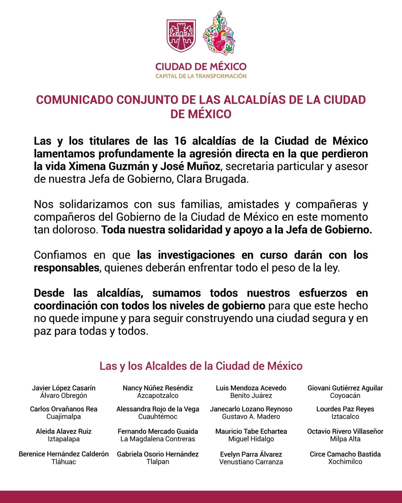 Comunicado conjunto de alcaldes y alcaldesas de la CDMX lamentando la muerte de Ximena Guzmán y José Muñoz