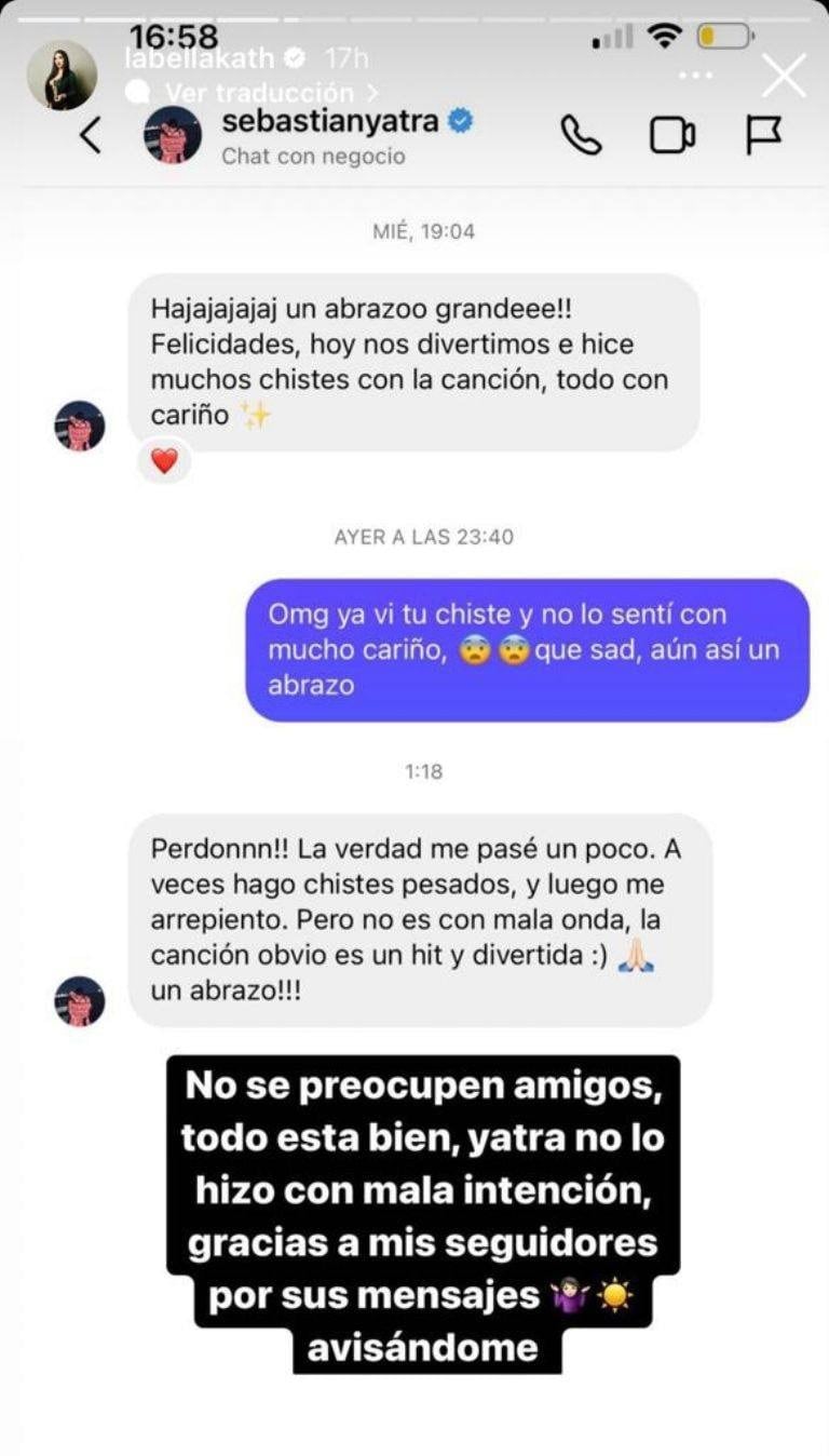 Chat entre Bellakath y Sebastián Yatra