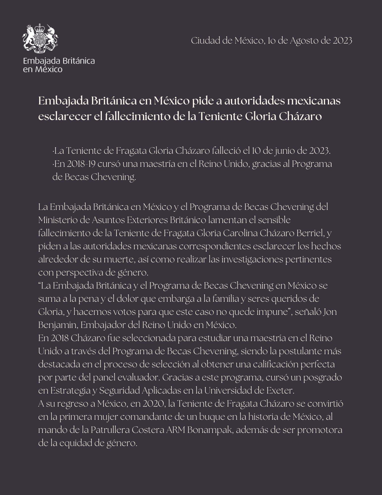 Embajada Britanica en México exige claridad en muerte de Gloria Cházaro