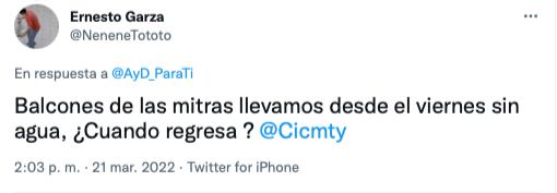 testimonios de redes sociales por cortes de agua en Nuevo León/Twitter