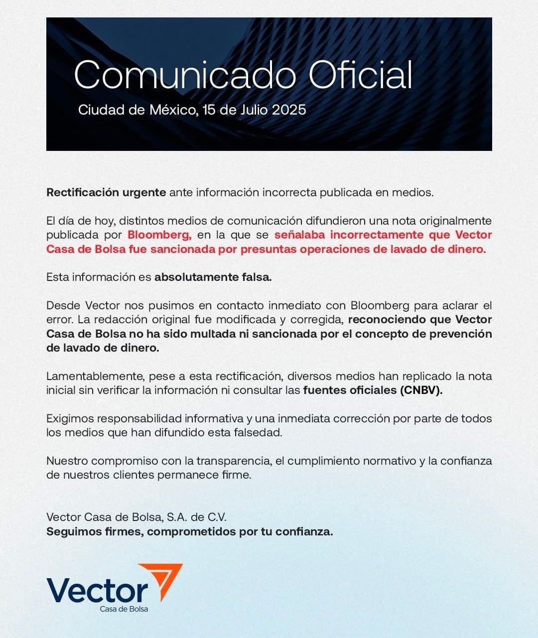 Vector Casa de Bolsa rechaza haber sido sancionado por CNBV