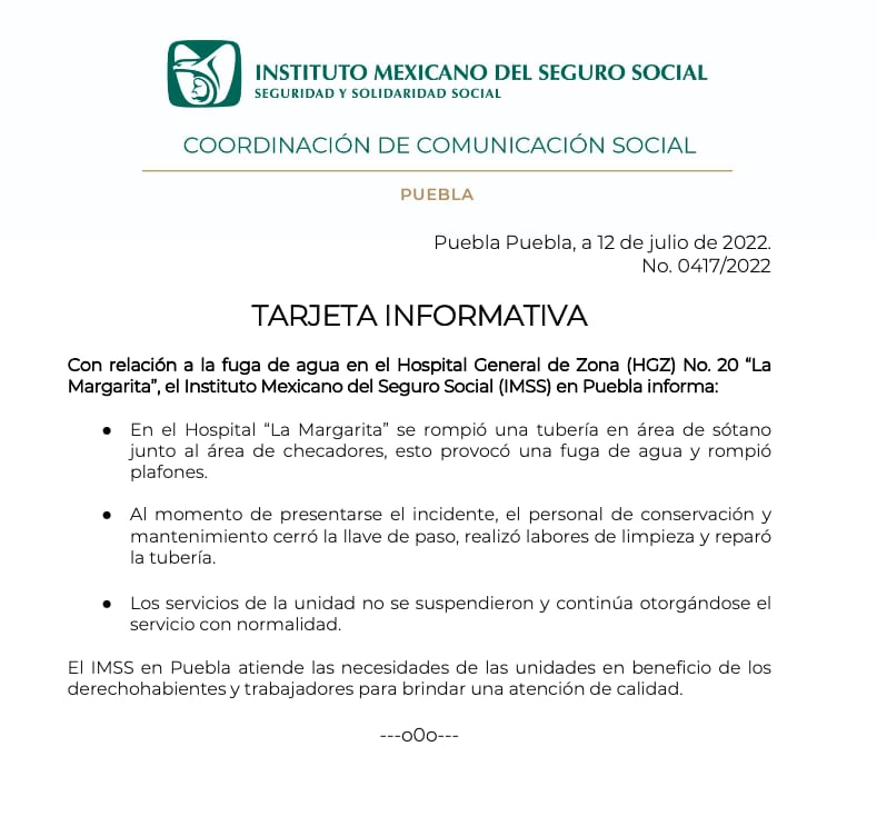 IMSS se expresa por tubería rota del Hospital la Margarita en Puebla.