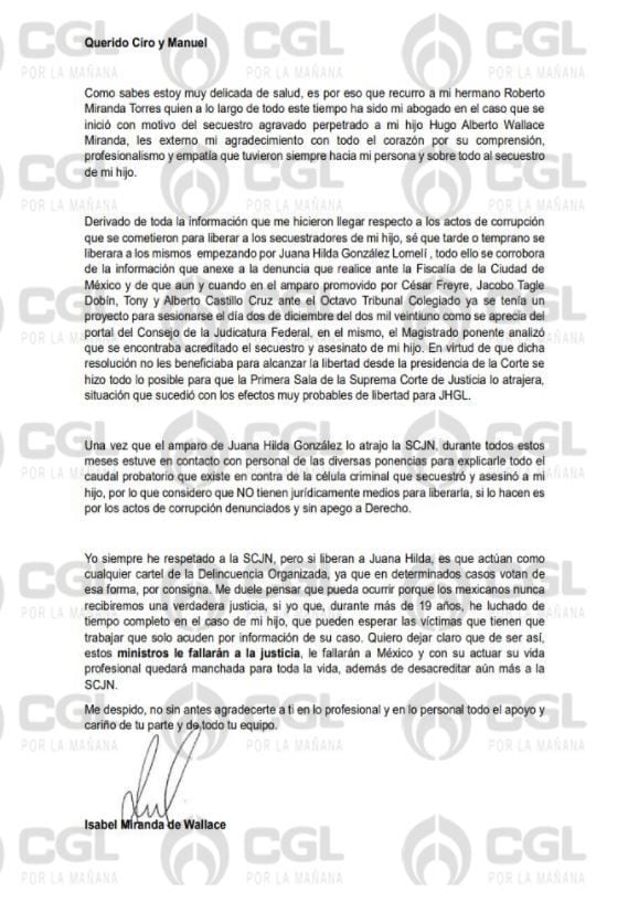 Carta póstuma de Isabel Miranda de Wallace