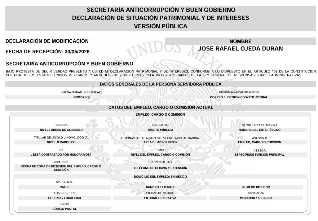 Declaración patrimonial de Rafael Ojeda, ex secretario de Marina