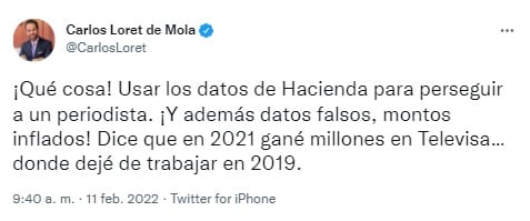 Tuit de Carlos Loret de Mola