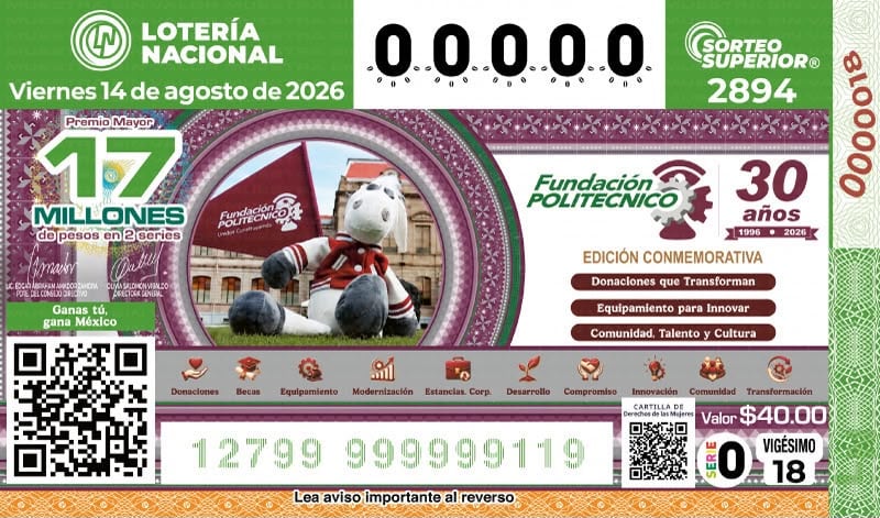 Lotería Nacional presenta billete por 30 aniversario de Fundación Politécnico.
