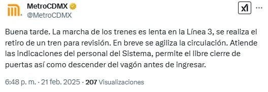 Metro CDMX hoy 21 de febrero: Reportan retrasos de hasta 30 minutos en Línea 3