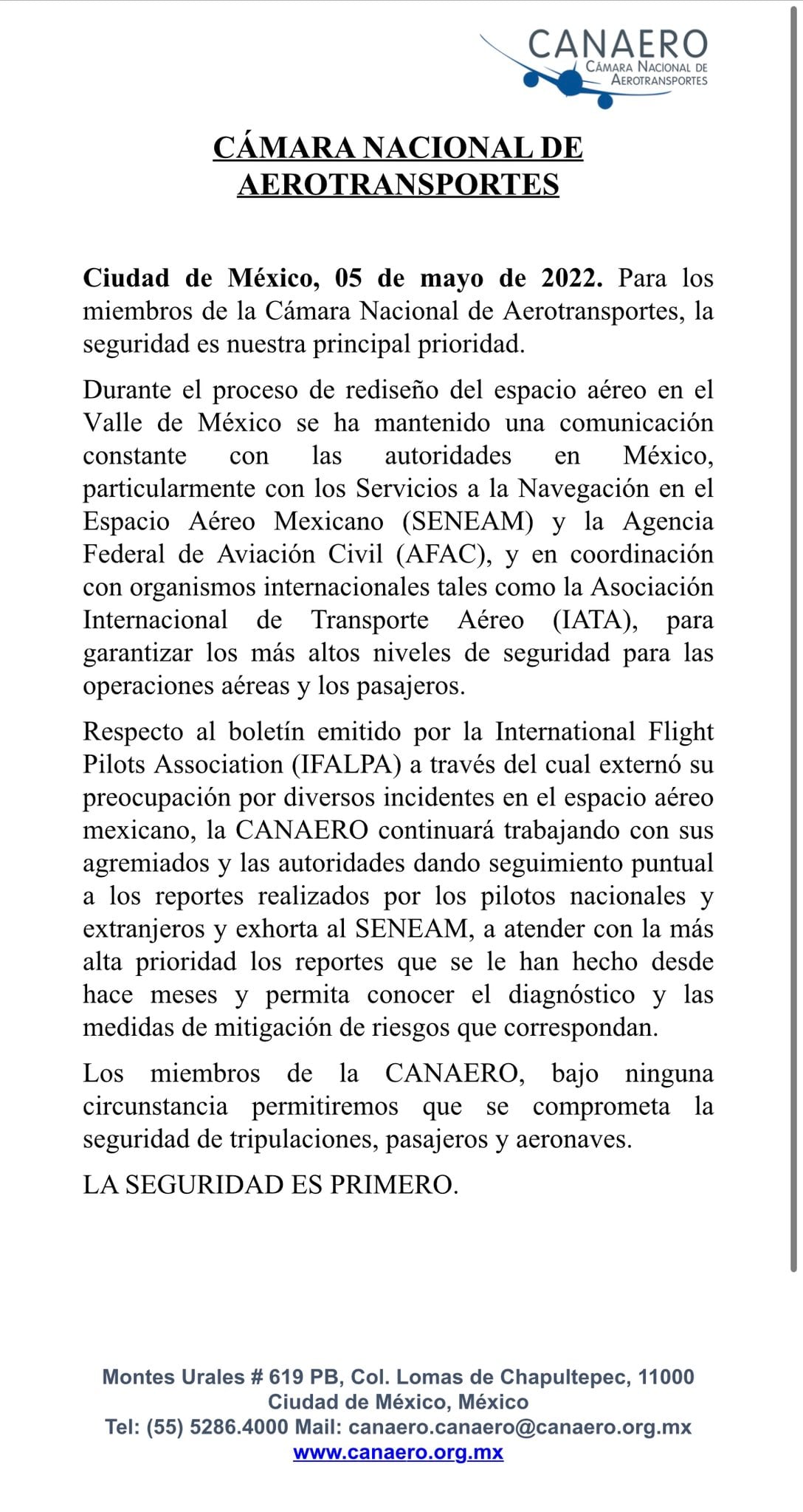 comunicado de la CANAERO donde responde a la IFALPA sobre sus señalamientos del AICM