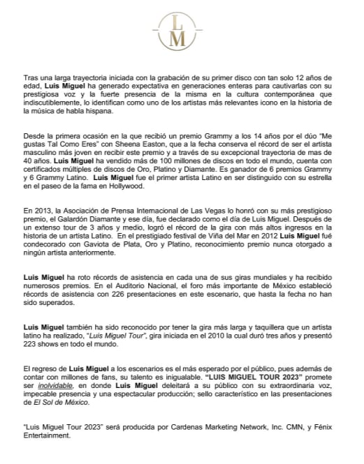 Luis Miguel se echa flores previo a su gira 2023