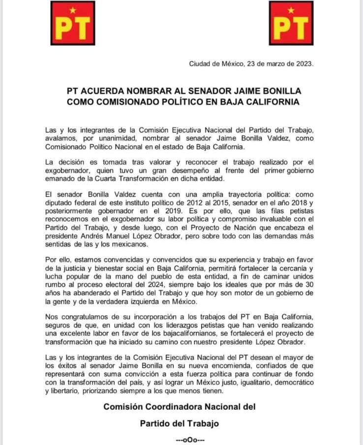 Jaime Bonilla aceptó un cargo en el PT y ahora es expulsado