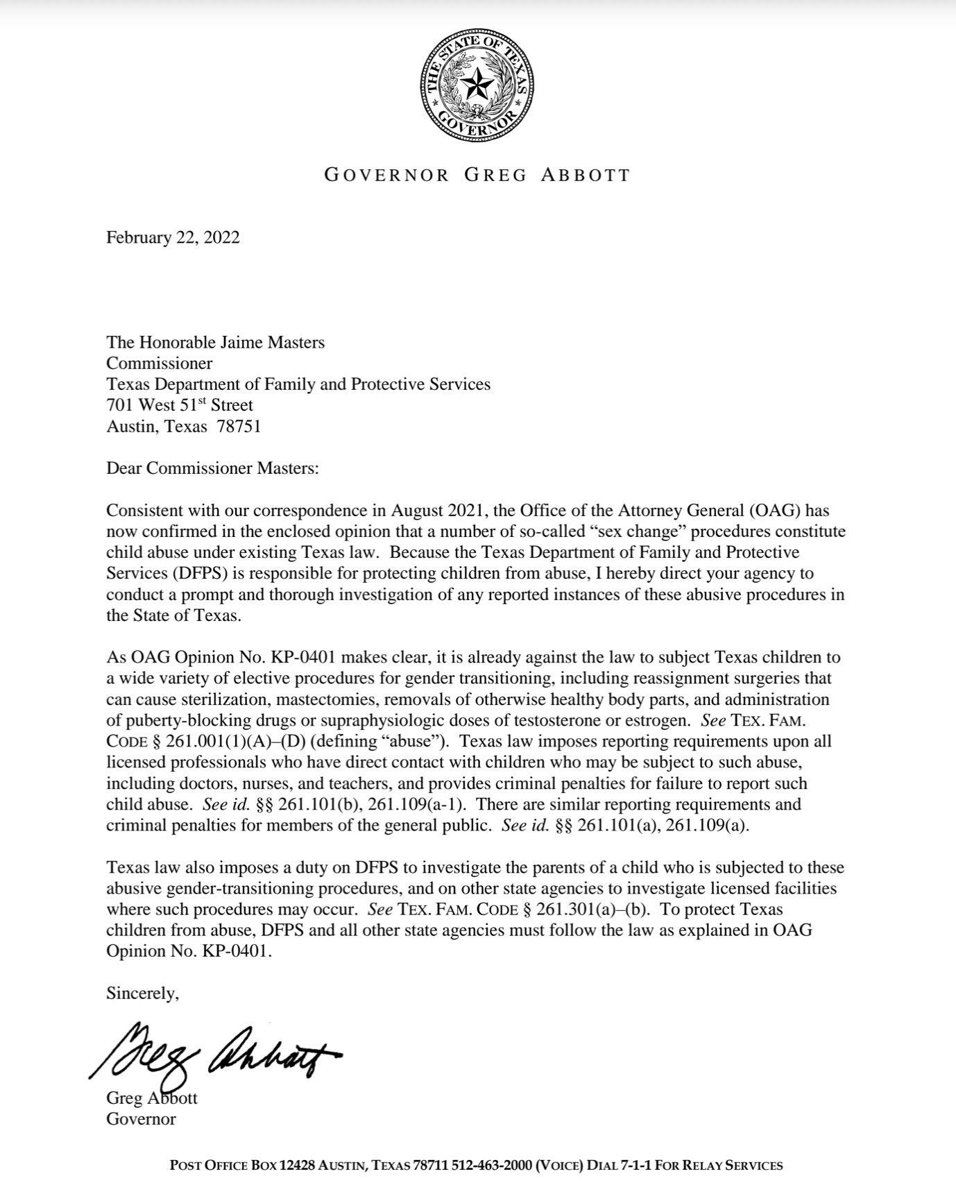 Comunicado del estado de Texas