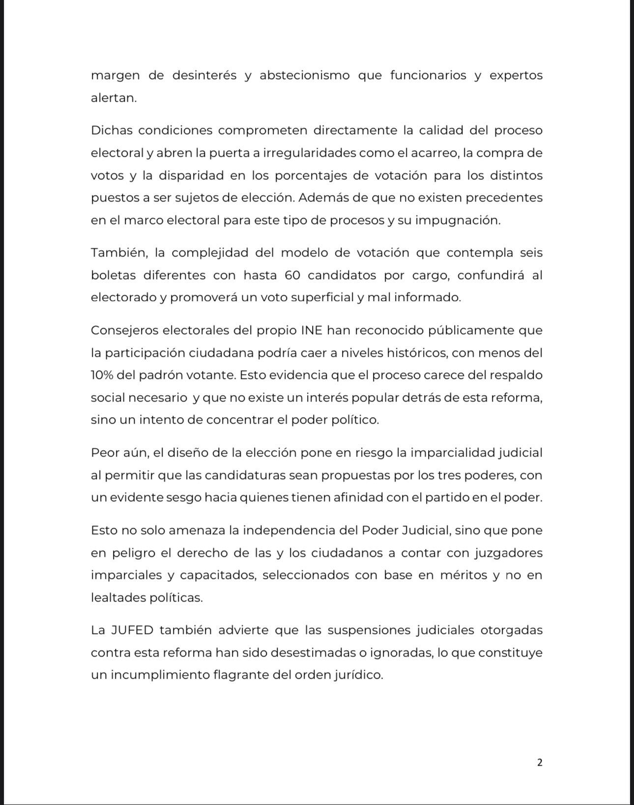 Comunicado de la JUFED, donde jueces advierten sanciones contra funcionarios de casilla en elecciones 2025 del Poder Judicial