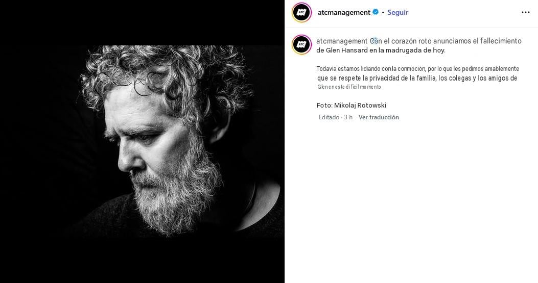 Agencia de Glen Hansard confirma la muerte del compositor.