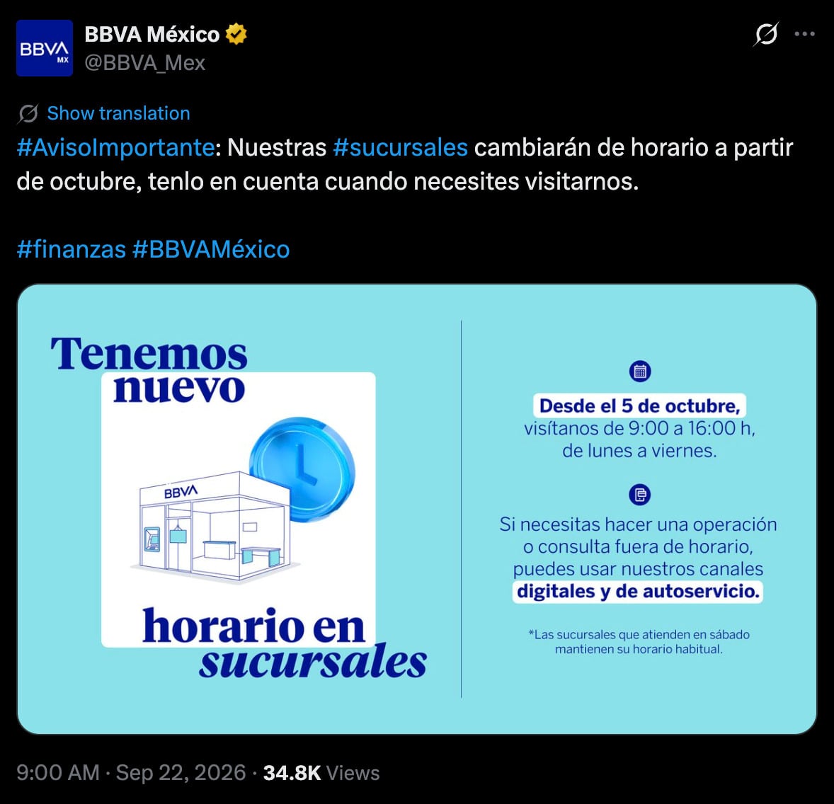 Bancos BBVA abrirán más tarde: este es el nuevo horario desde el 5 de octubre