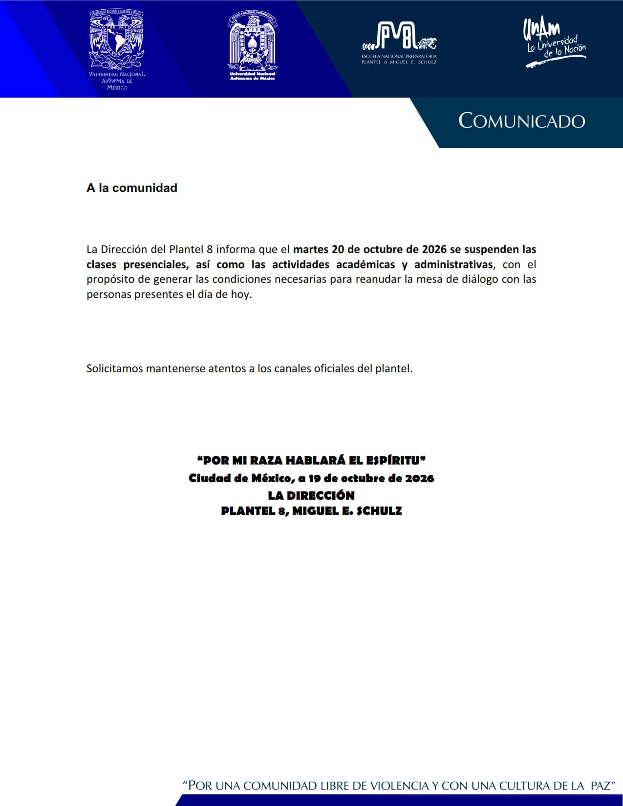 Prepa 8 suspende clases, y se seguirán las actividades en línea este 20 de octubre 2026