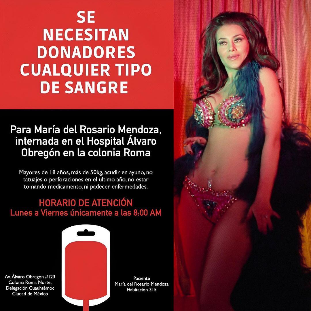 Solicitan donadores de sangre para la vedette, Rossy Mendoza.