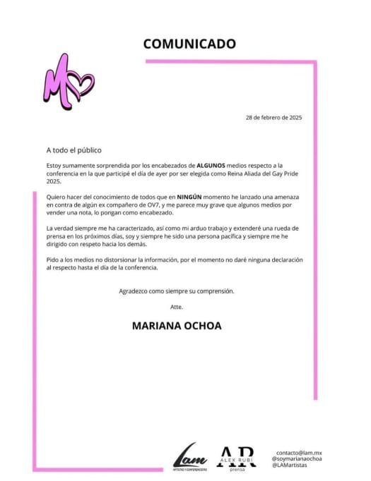 Comunicado Mariana Ochoa