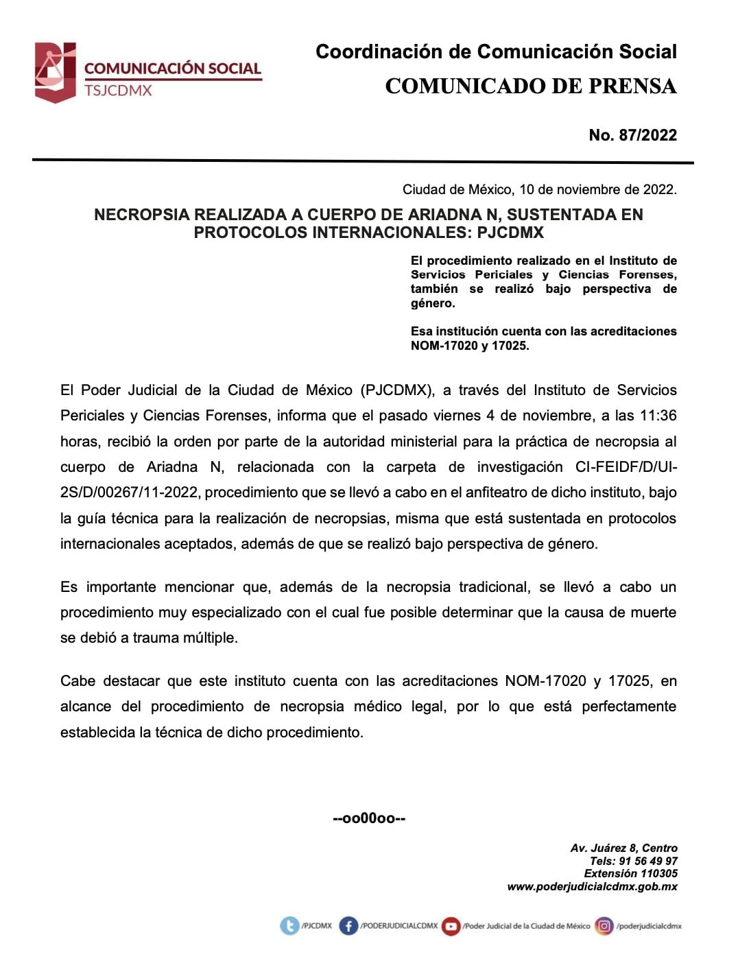 PJCDMX asegura que necropsia a Ariadna Fernanda está sustentada en protocolos internacionales