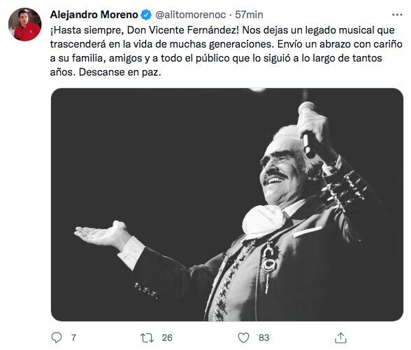 Tuit de condolencias por muerte de Vicente Fernández