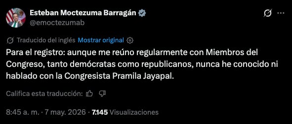 Esteban Moctezuma niega reunión con Jayapal por petróleo de México a Cuba