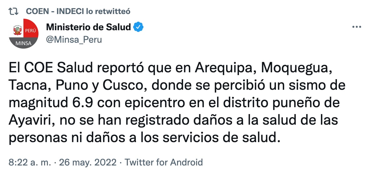 Tuit informativo sismo en Perú