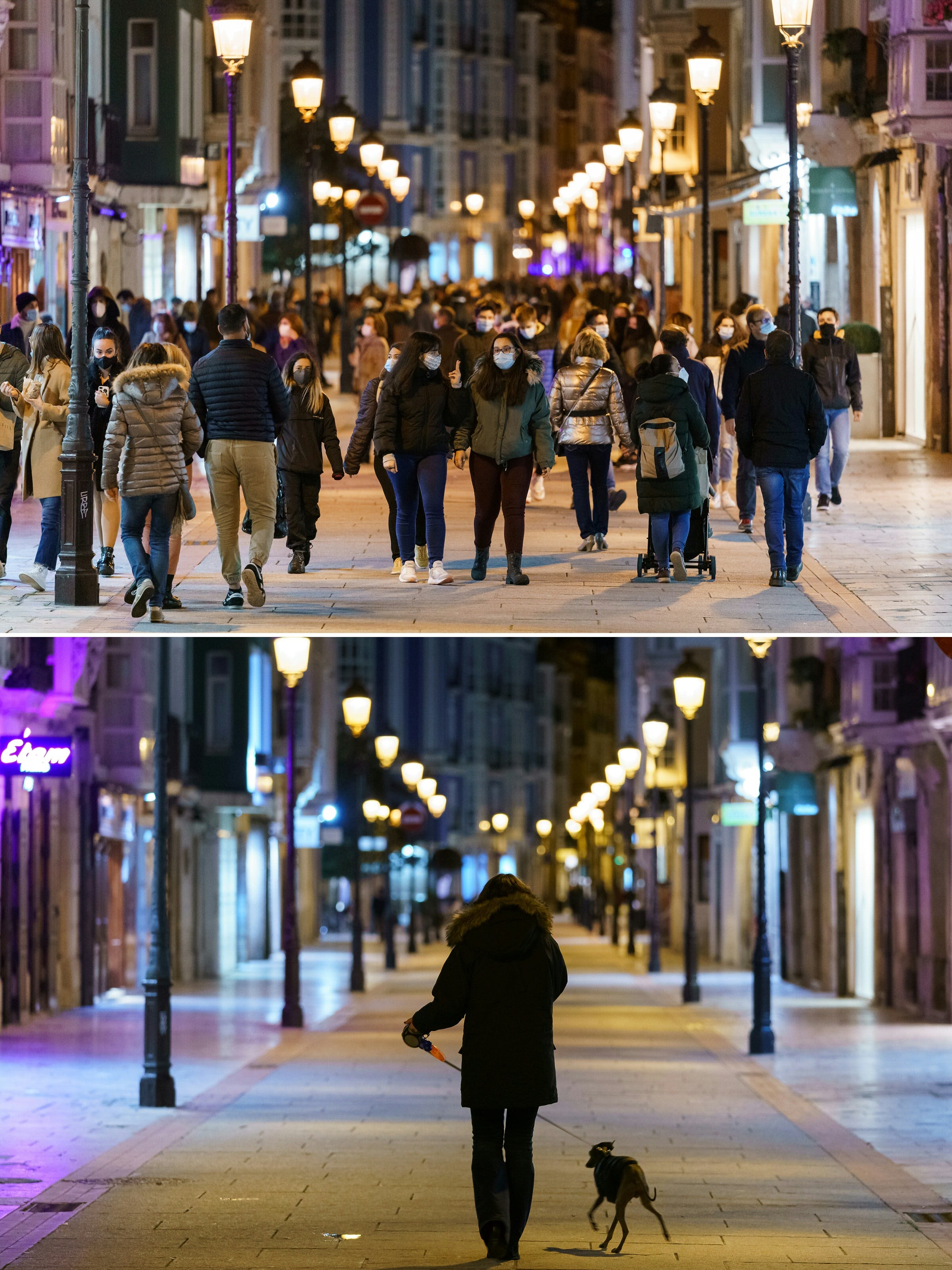 Calle en León y Castilla antes y después del toque de queda