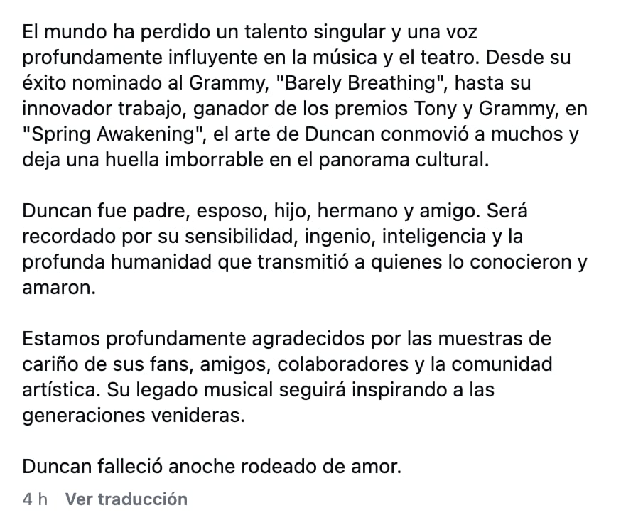 Confirman la muerte de Duncan Sheik a los 56 años a través de un comunicado