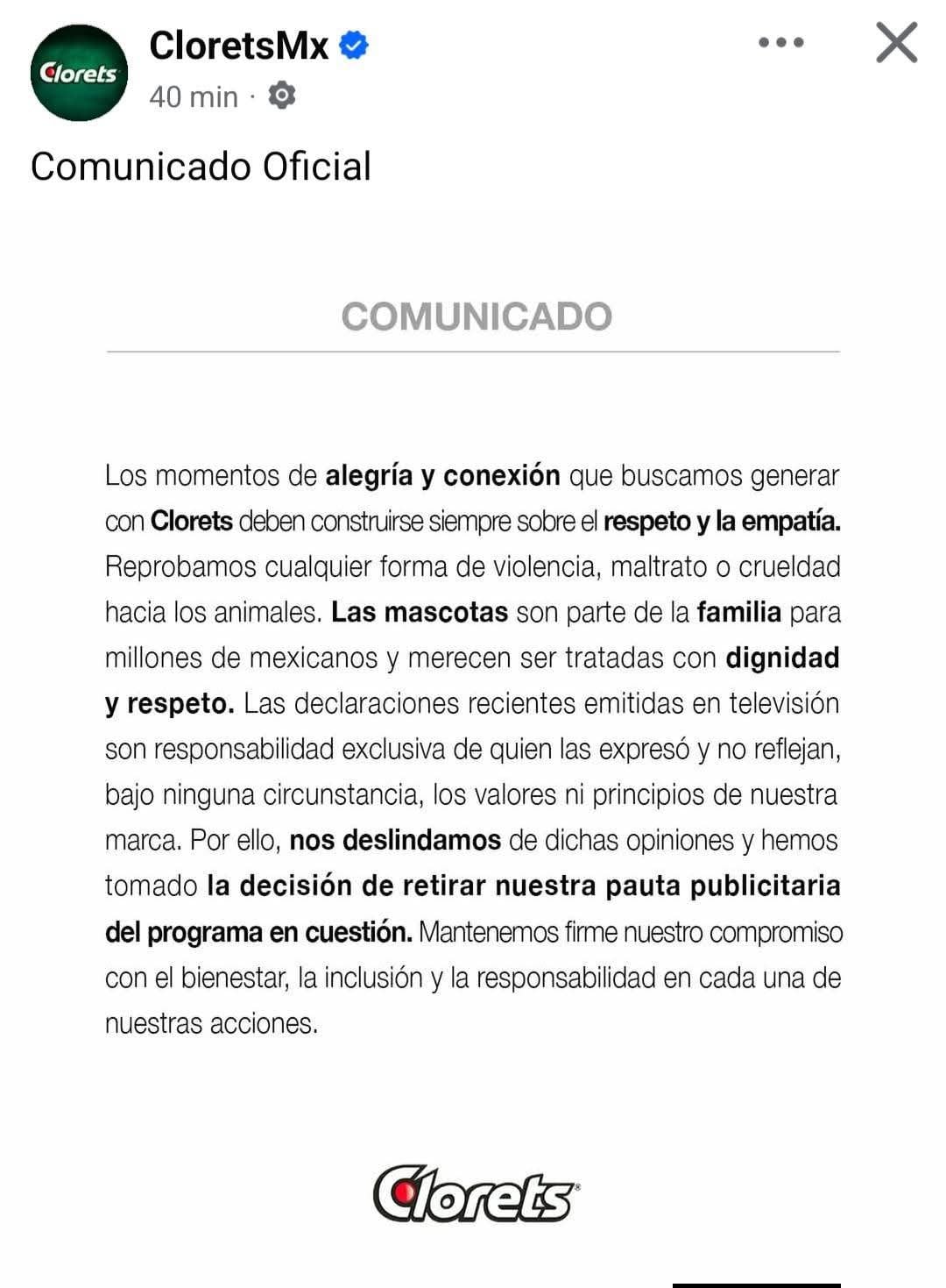 Comunicado de marcas anuncian retiro de su publicidad de Ventaneando