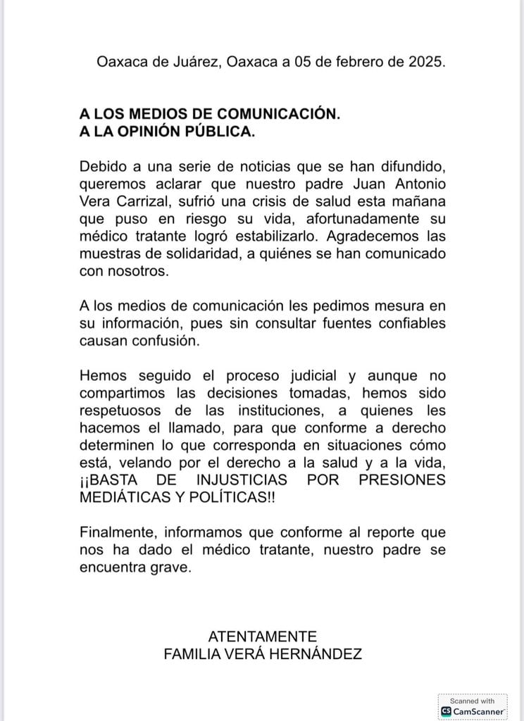 Comunicado de la familia de Juan Antonio Vera Carrizal