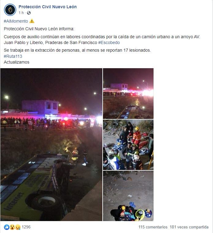 Protección Civil de Nuevo León compartió información del accidente ocurrido en Escobedo
