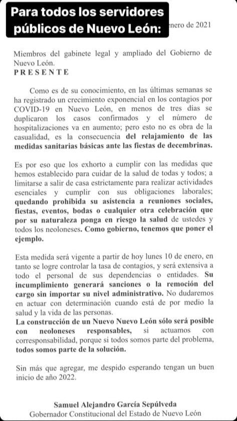 Samuel García prohíbe a burócratas asistir a fiestas y bodas masivas