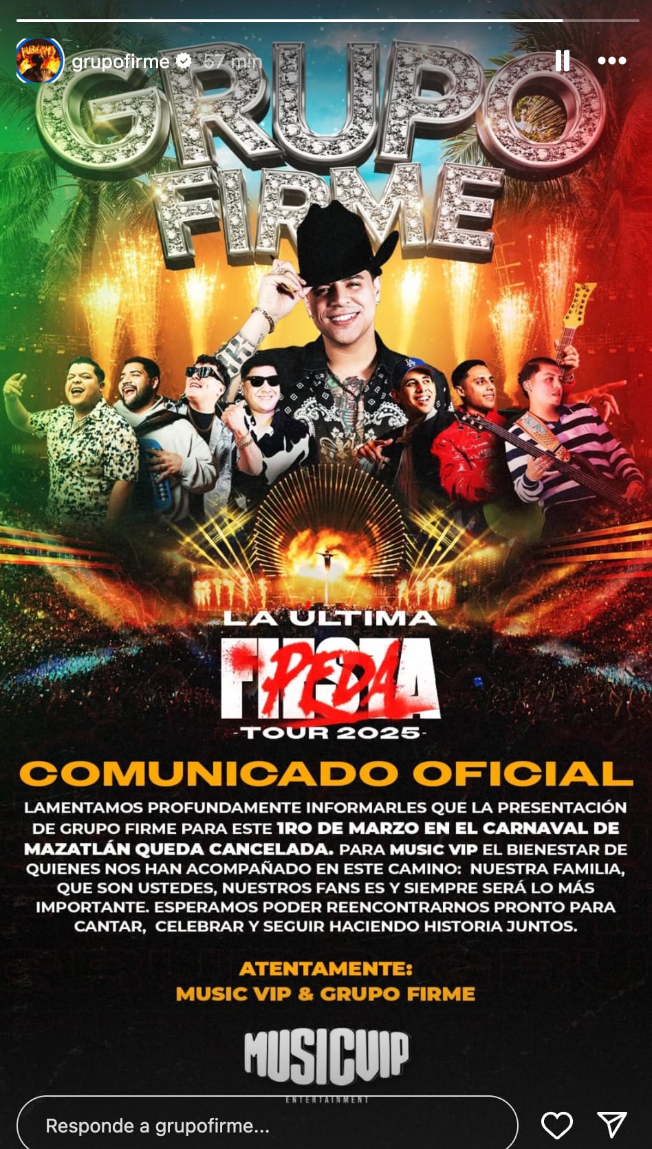 Grupo Firme cancela concierto en Carnaval Mazatlán 2025 tras amenaza con narcomanta