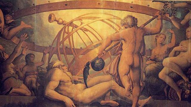 Cronos castrando a su padre Urano para él reinar, de Giorgio Vasari, no es tan terrible como la de Saturno (Cronos) devorando a uno de sus hijos, de Francisco de Goya.