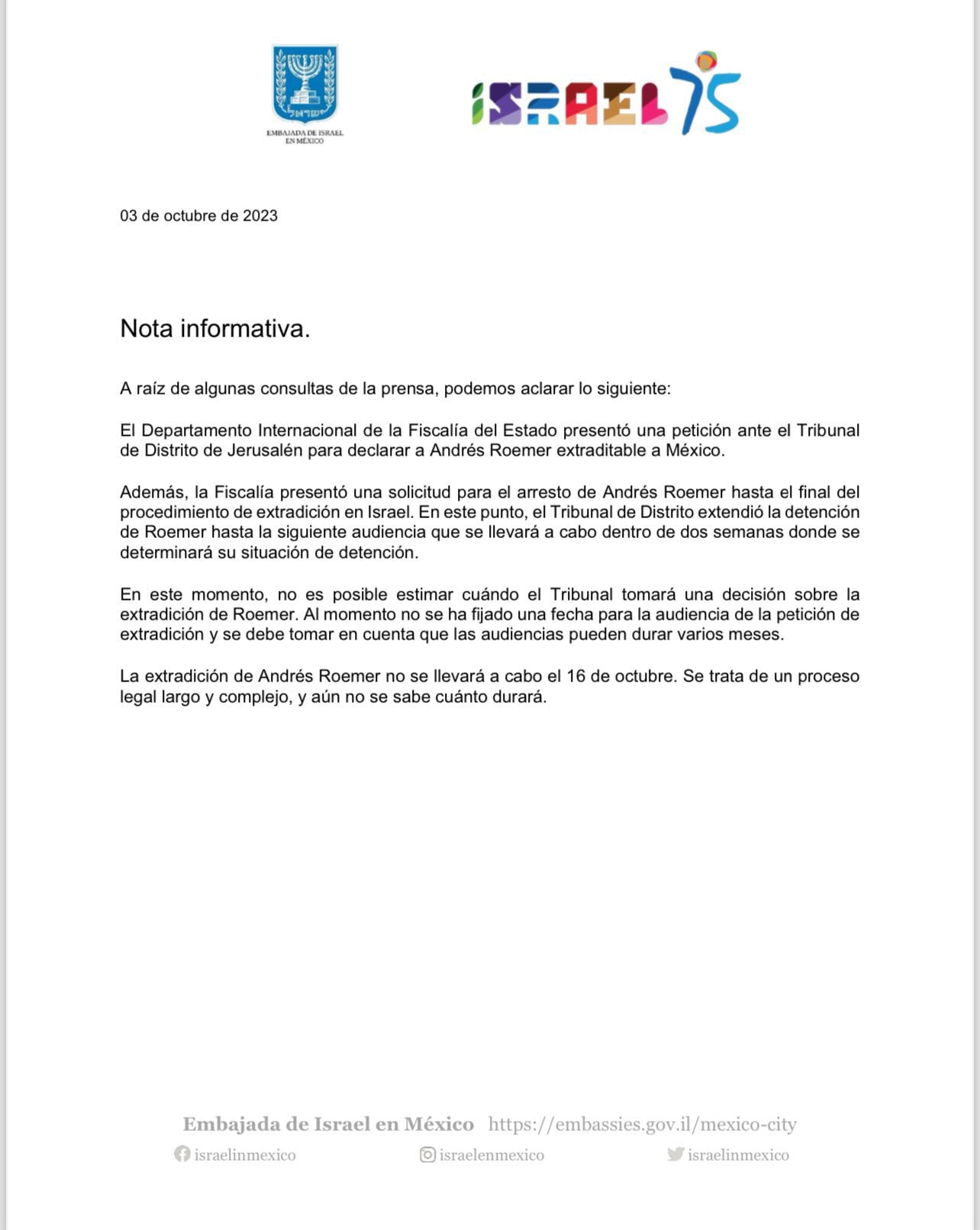 Embajada de Israel aclara fecha de extradición a México de Andrés Roemer