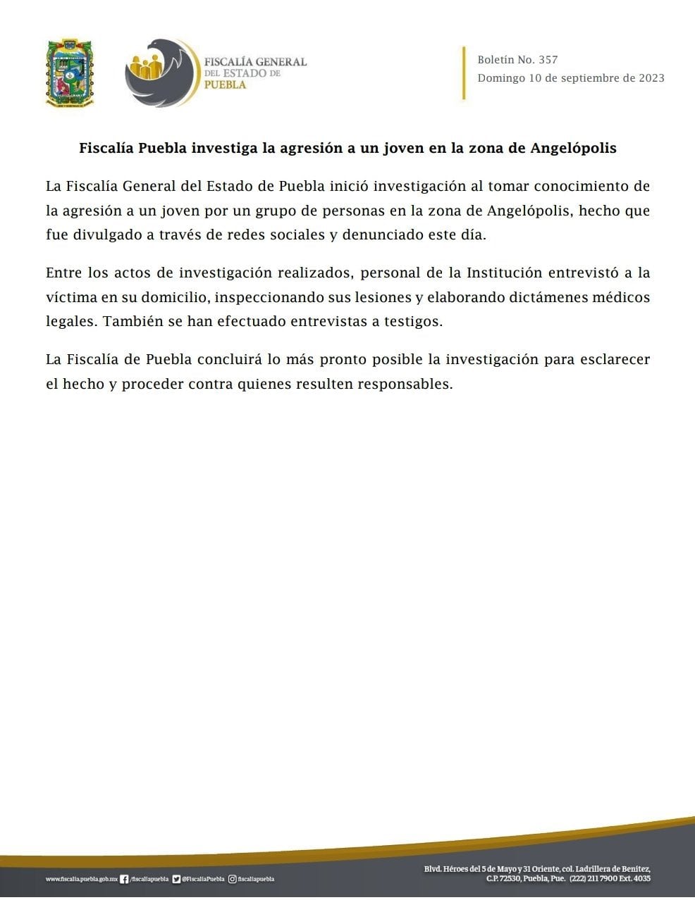 Fiscalía de Puebla investiga agresión contra joven