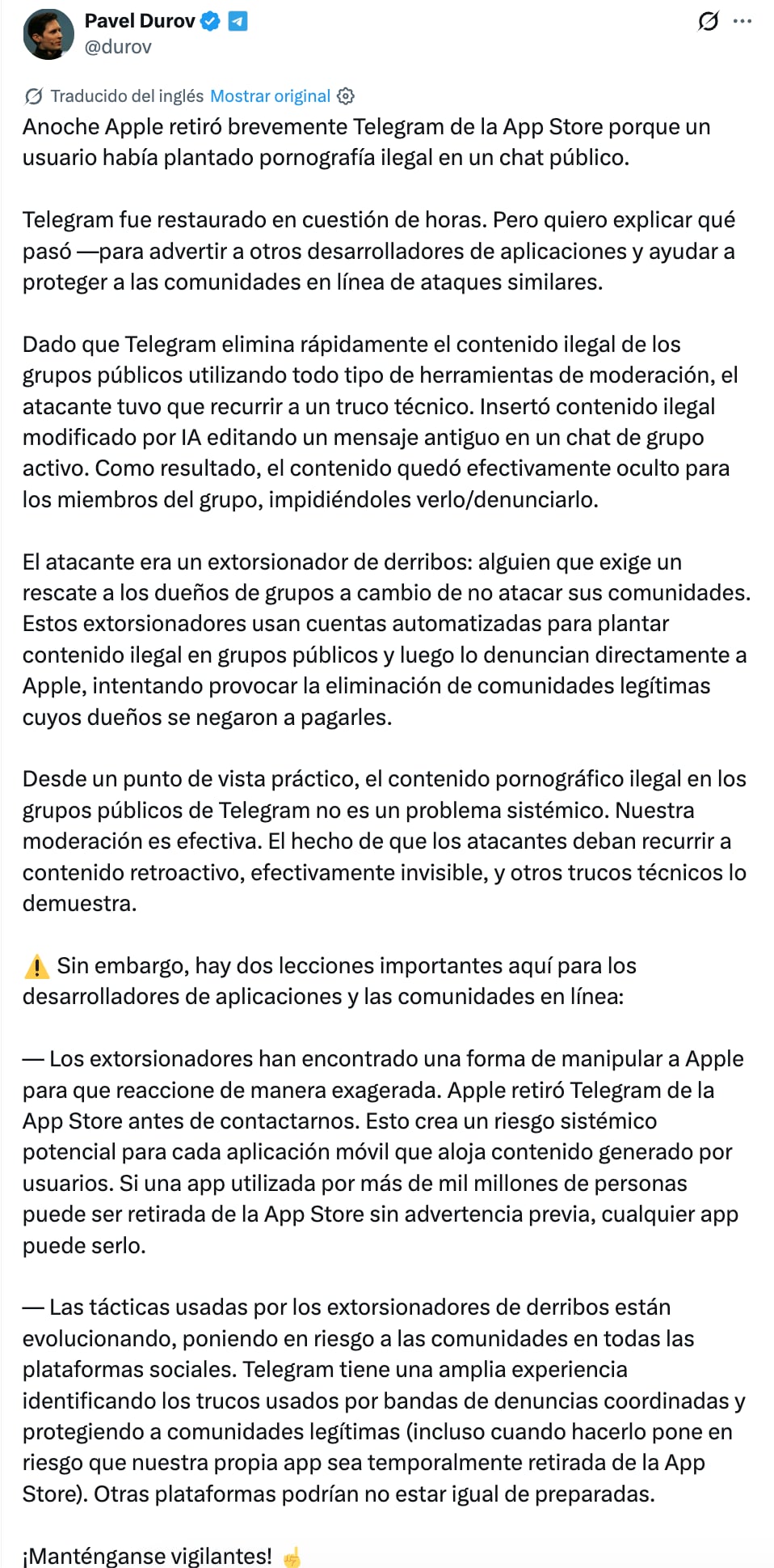Pavel Durov, CEO de Telegram revela cómo y porqué la app fue retirada de la App Store