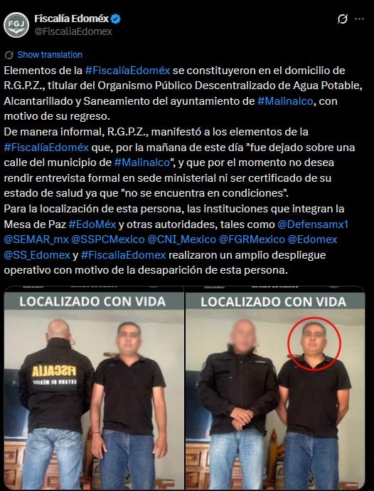 Director de Aguas de Malinalco aparece con vida tras tres días desaparecido