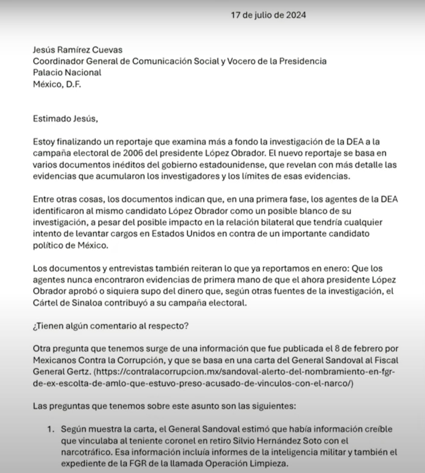 Carta de Tim Golden a Jesús Ramírez Cuevas