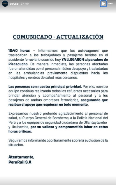 PeruRail se responsabiliza por choque de trenes en Perú