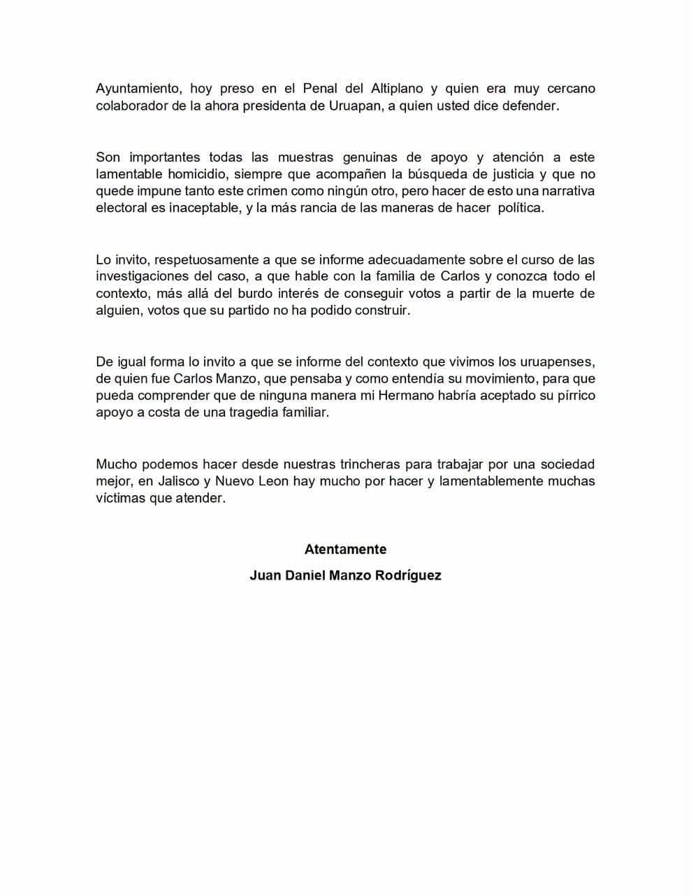 Juan Manzo acusa a Álvarez Máynez de oportunismo político por caso de Carlos Manzo