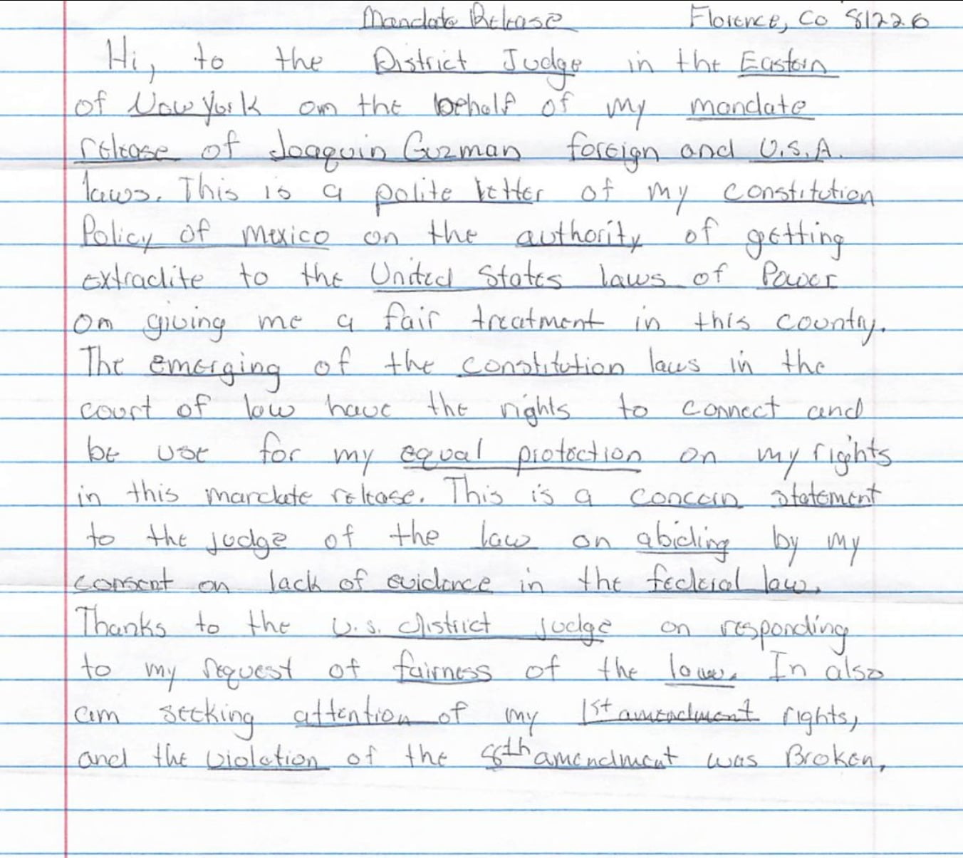 El Chapo Guzmán envía carta al juez Brian Cogan