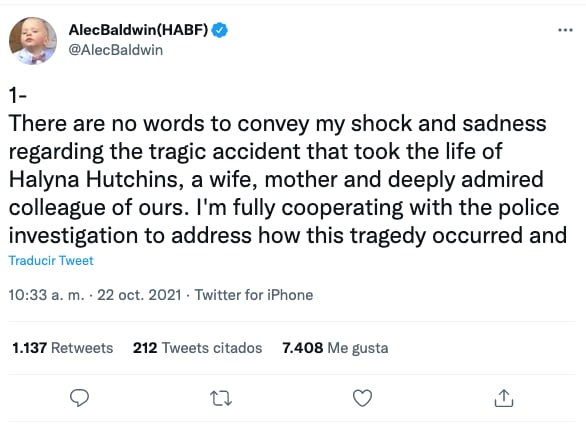 Alec Baldwin habla del incidente con Halyna Hutchins
