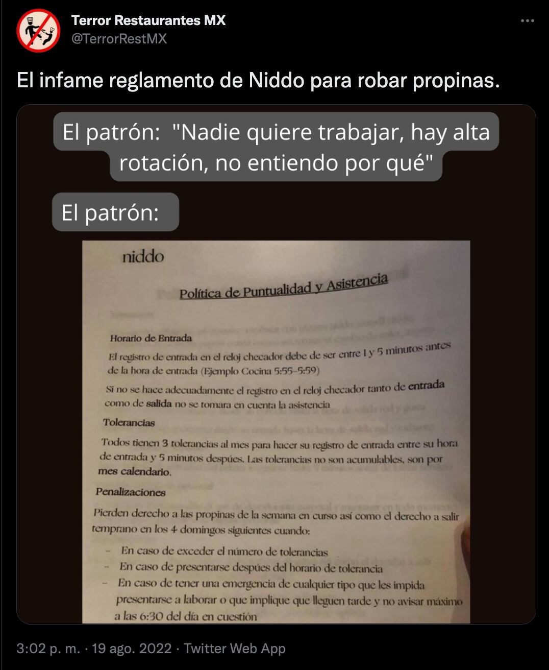¿Niddo explota a sus empleados? Comparten reglamento "para robar propinas"