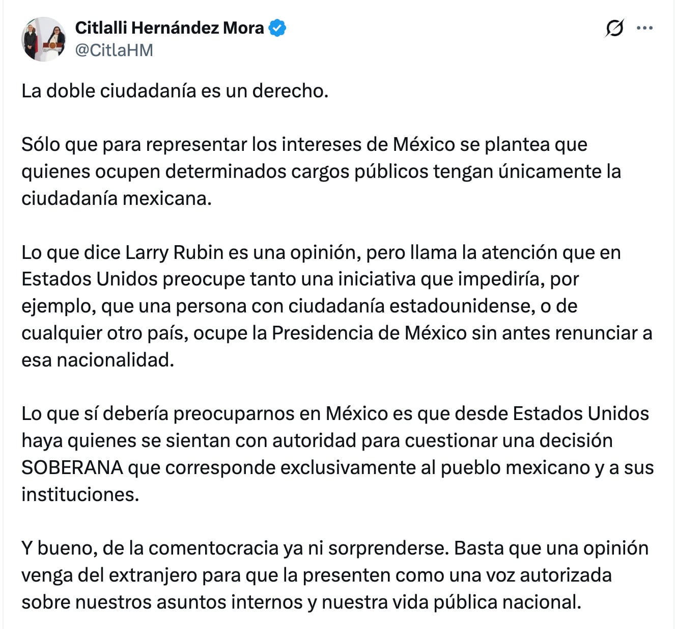 Citlalli Hernández vuelve a responder a Larry Rubin por reforma de nacionalidad única